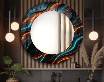 Neon Abstrakter Wandspiegel, UV Gedrucktes Gehärtetes Glas Badezimmer Eitelkeitsdekor