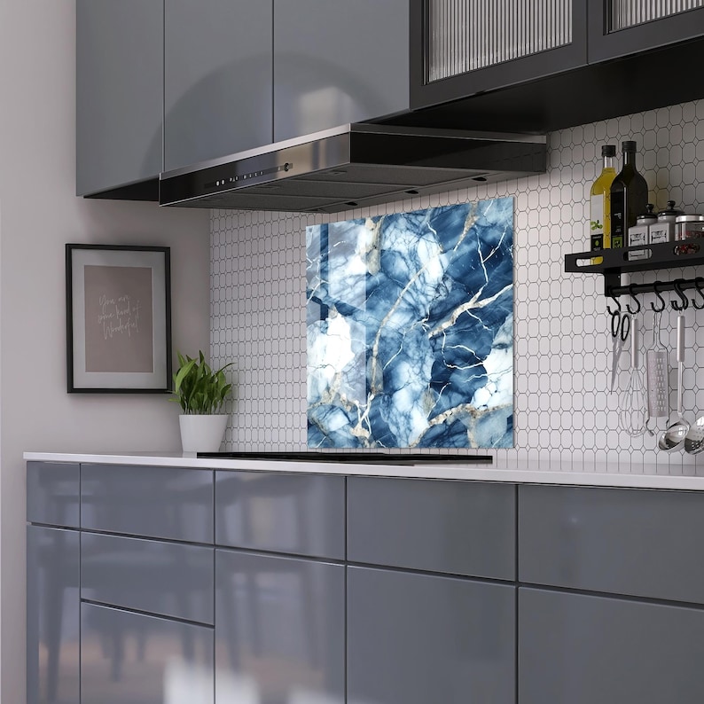 Tempered Glass Stove Backsplash: Blue Marble Kitchen Decor - Etsy