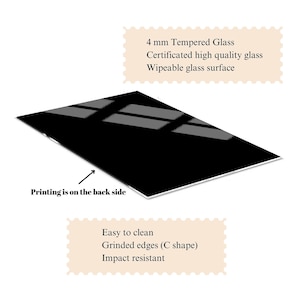 May include: Black tempered glass panel with rounded edges. The panel is 4 mm thick and has a wipeable surface. The text "Printing is on the back side" is visible. The panel is easy to clean, impact resistant, and has grinded edges.