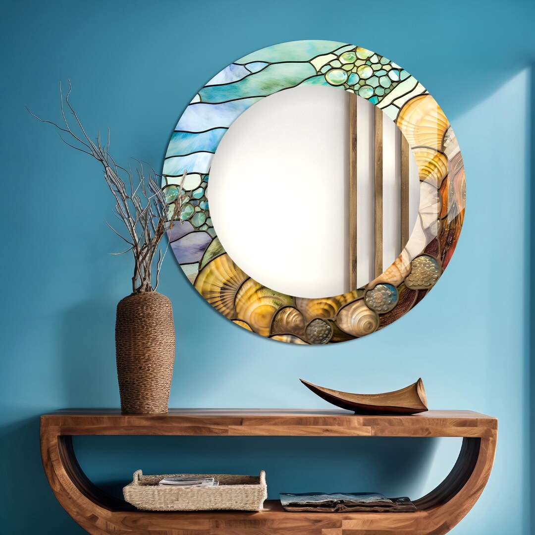 貝殻の抽象的な丸型壁掛けミラー：強化ガラス装飾 - Etsy 日本