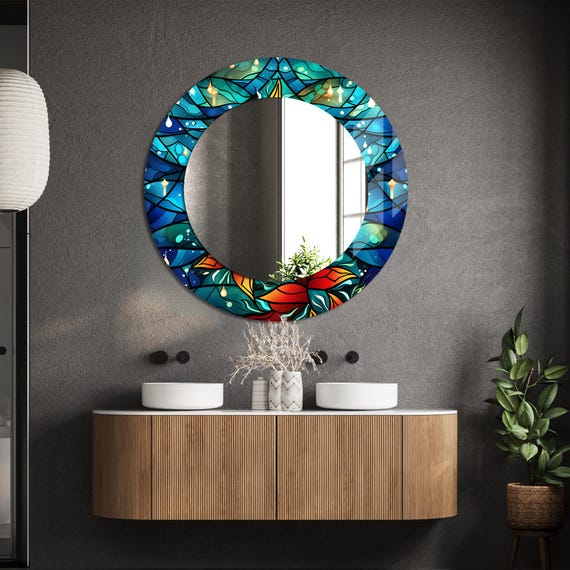 Floral Abstract Round Wall Mirror: Tempered Glass Decor