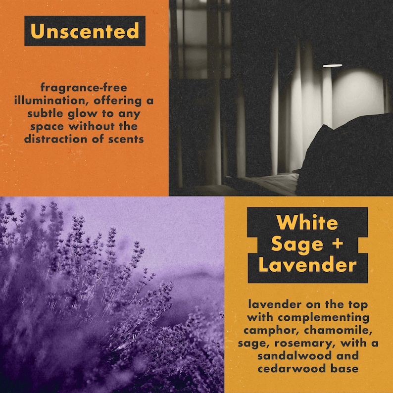May include: A collage of images showing different candle scents. The top left image shows the text "Unscented" with a description of a fragrance-free candle. The top right image shows a bedroom with a candle on a nightstand. The bottom left image shows a field of lavender. The bottom right image shows the text "White Sage + Lavender" with a description of the scent notes.