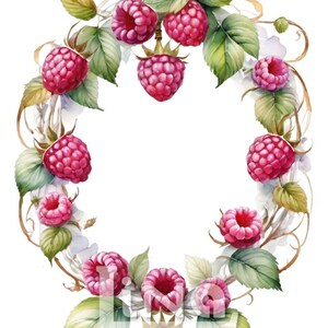 Paquete de 7 imágenes prediseñadas de corona de frambuesas: acuarela pastel, marco de bayas, diseño floral, verano, PNG (fondo transparente).