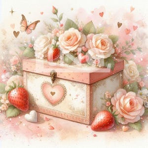 Vintage doos, aardbeien, rozen | Victoriaanse stijl | Romantisch | Valentijn |  4 JPG van hoge kwaliteit | Digitaal | Voor afdrukken, kaarten en scrapbooking