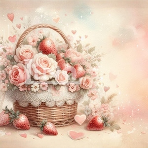 Mand met aardbeien en rozen | Victoriaanse stijl | Romantisch | Vintage |  4 JPG van hoge kwaliteit | Digitaal | Voor afdrukken, kaarten en scrapbooking