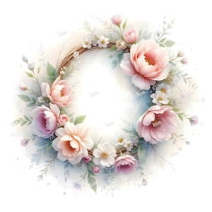Puede incluir: Corona floral de acuarela con peonías rosas, margaritas blancas y hojas verdes. Las flores están dispuestas en un patrón circular, creando un diseño delicado y romántico. Ideal para la decoración de primavera o bodas.