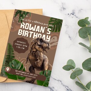 Invitación de cumpleaños de dinosaurio / Plantilla editable para fiesta de T-Rex / Diversión rugiente, temática jurásica / Invitación imprimible / Descarga instantánea