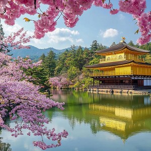 以下が含まれることがあります： 満開の桜の木々に囲まれた静かな池に、木造の金色の寺院が映り込んでいる