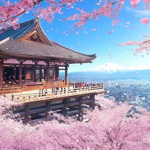 以下が含まれることがあります： 木造の屋根とバルコニーを持つ伝統的な日本の寺院。寺院は、桜の花が咲き乱れる街と、背景の山々を見下ろしています。寺院の周りには、ピンクの桜の花が咲き乱れています。