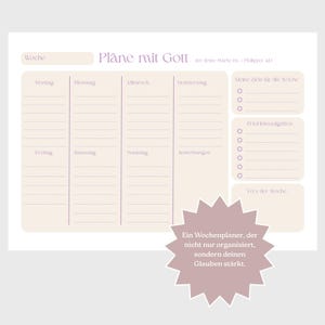Könnte beinhalten: Ein Wochenplaner mit cremefarbenem Hintergrund und lila Text. Der Planer ist in tägliche Abschnitte unterteilt, mit Platz für Ziele, Aufgaben und Notizen. Der Text "Pläne mit Gott" steht oben, mit einer Stern-Grafik, die "Ein Wochenplaner, der nicht nur organisiert, sondern deinen Glauben stärkt."