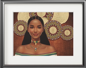 May include: A framed wall art print featuring a portrait of a person with dark hair, wearing a multi-colored off-the-shoulder top and a layered necklace. The background displays circular, patterned gold and brown decorative elements.