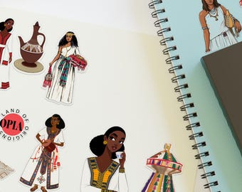 Ethiopian Women Illustrations Sticker Sheet | Traditional Dress Stickers