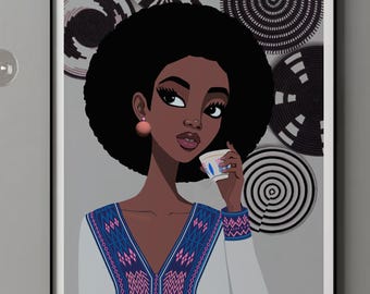 Ethiopian Coffee Wall Art, African Cultural Printable, Ethiopian Woman Illustration