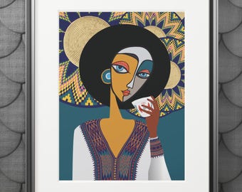 May include: A framed art print featuring a stylized illustration of a person with a dark afro hairstyle, wearing a white garment with intricate blue and red geometric patterns, holding a small white cup against a teal and gold patterned background.
