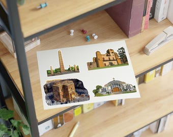 Ethiopia Historic Landmark Illustration Sticker Sheet | Architecture Travel Decal