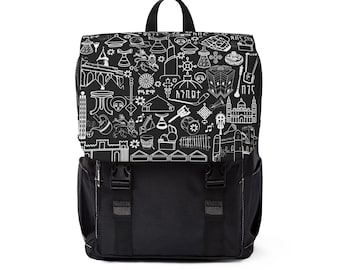 エチオピア風落書き模様のキャンバス製フラップバックパック