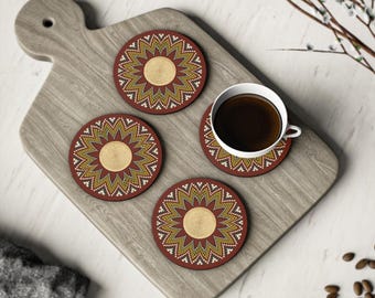 Starburst Mosaic Coasters | Round Cork Drink Coaster, Boho Geometric Pattern