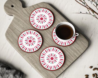 Ethiopian Coffee Tribe Starburst Mosaic Coasters | Round Cork Coaster, Boho Geometric Pattern