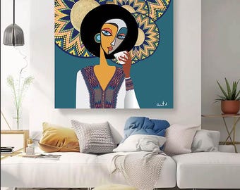 コーヒーを飲むエチオピア人女性 – セフェドを背景にしたデジタルウォールアート | すぐにダウンロード