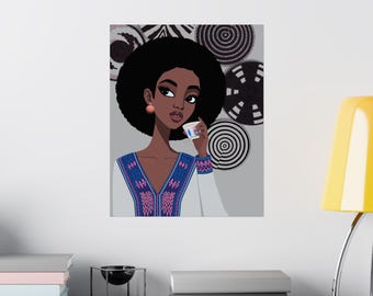 エチオピアのコーヒー女性の壁アートホームデコレーション、黒人女性のイラストモダンギャラリープリント、