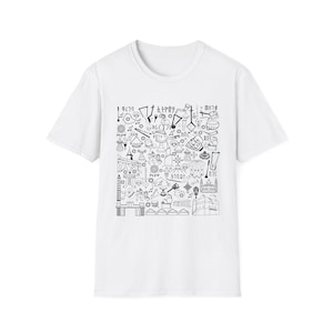 May include: White t-shirt featuring a detailed black and white illustration. The design includes various cultural symbols, musical instruments, and architectural elements. The shirt has a classic crew neck and short sleeves, suitable for casual wear.