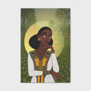 May include: Illustration of a woman with dark skin and hair, wearing a white dress with yellow and blue geometric patterns. She is set against a backdrop of a yellow circle and a field of flowers, with trees and a building in the background.