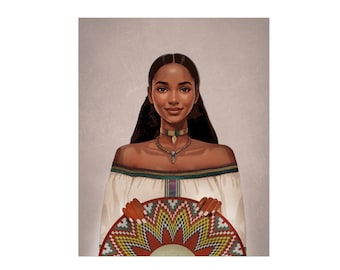 May include: A woman with long dark hair is wearing a white off-the-shoulder top with a green and brown patterned band. She is holding a large, round, woven basket with a red center and yellow, green, and blue geometric patterns.