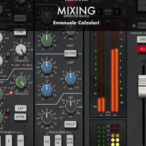 May include: A black and white image of a mixing console with knobs, sliders, and buttons. The console has a digital display and a VU meter. The text "Music in a Box" and "Mixing" is displayed on the console. The text "Emanuele Calzolari" is displayed below the console.