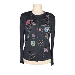 Vintage 1991 Susan Bristol Schwarze Strickjacke – Handbestickt & Perlenbesetzt – Made in Hong Kong – Grösse L