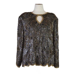 Blusa de fiesta maximalista de seda con cuentas Royal Feelings vintage, 2X, con lentejuelas negras y doradas, para noche