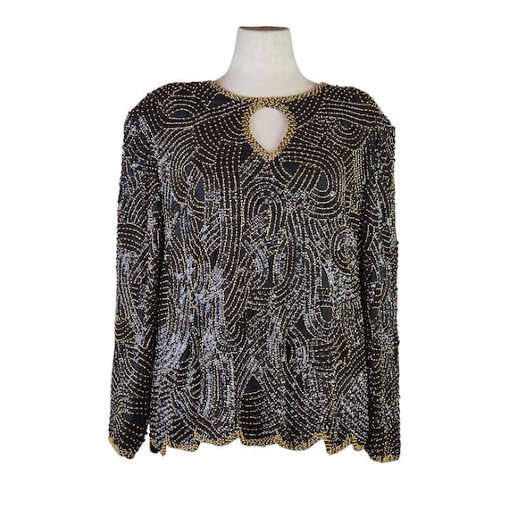 Vintage Beaded Silk Top 2X: Royal Feelings Black Gold Sequin