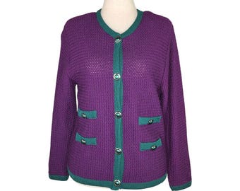 Cárdigan vintage de lana Miss Pendleton: ribete morado y verde, fabricado en EE. UU.