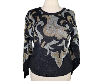 Vintage 1980s Rochelle Metallic Lurex Sweater | Gold Silver Baroque Knit | Glam Retro Black Sweater | Size M