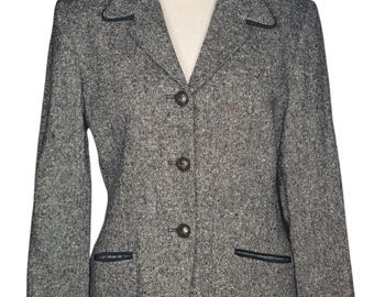 Vintage 90er Jahre Wolle Tweed Blazer David N Grey Taillierte Jacke Klassische Büro Karierre Mantel Minimalistische Strukturierte Jacke Frauen