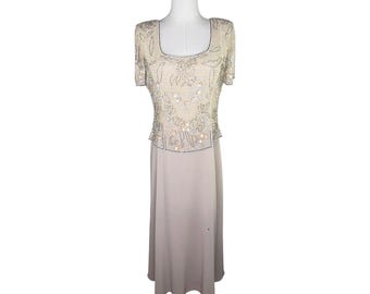 90s Beaded Silk Dress: Vintage Champagne Evening Gown, Petite Size 8