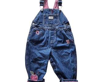 Vintage OshKosh Denim Overalls: Alphabet Appliqué, Floral Lining (24 Months)