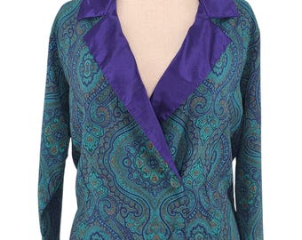 Vintage Victoria’s Secret Gold Label Paisley Blazer Purple Satin Jacket 90s Teal Blue Jewel Tone Statement Jacket Medium