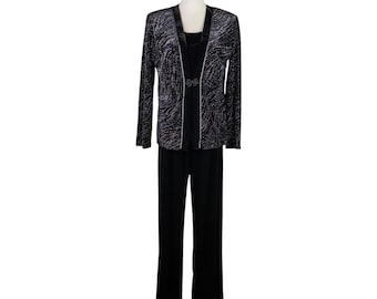 Conjunto de traje de pantalón vintage Sheri Martin de los años 90 con purpurina negra y plateada. Atuendo formal.