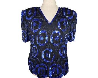 Vintage 1980s Laurence Kazar Blue Sequin Silk Beaded Floral Top | Hand Beaded Evening Blouse XL XXL Retro Partywear