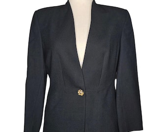 Blazer vintage de lana negra de los años 90 de Valerie Stevens Petites, con botones dorados, chaqueta clásica entallada, estilo minimalista para el trabajo, talla 8P.