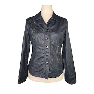Vintage Christine Alexander Black Rhinestone Embellished Jacket | Floral Western Glam Button-Up Blazer | Y2K Sparkle Statement Coat