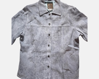 Chaqueta vintage de ante A.M.I., talla L, gris, forrada en satén, estilo western, años 90.
