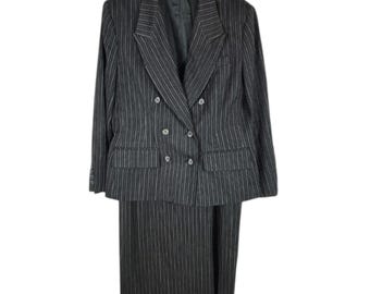 Conjunto de traje con falda de raya diplomática de lana de los años 90: Traje clásico de Hawksley & Wight