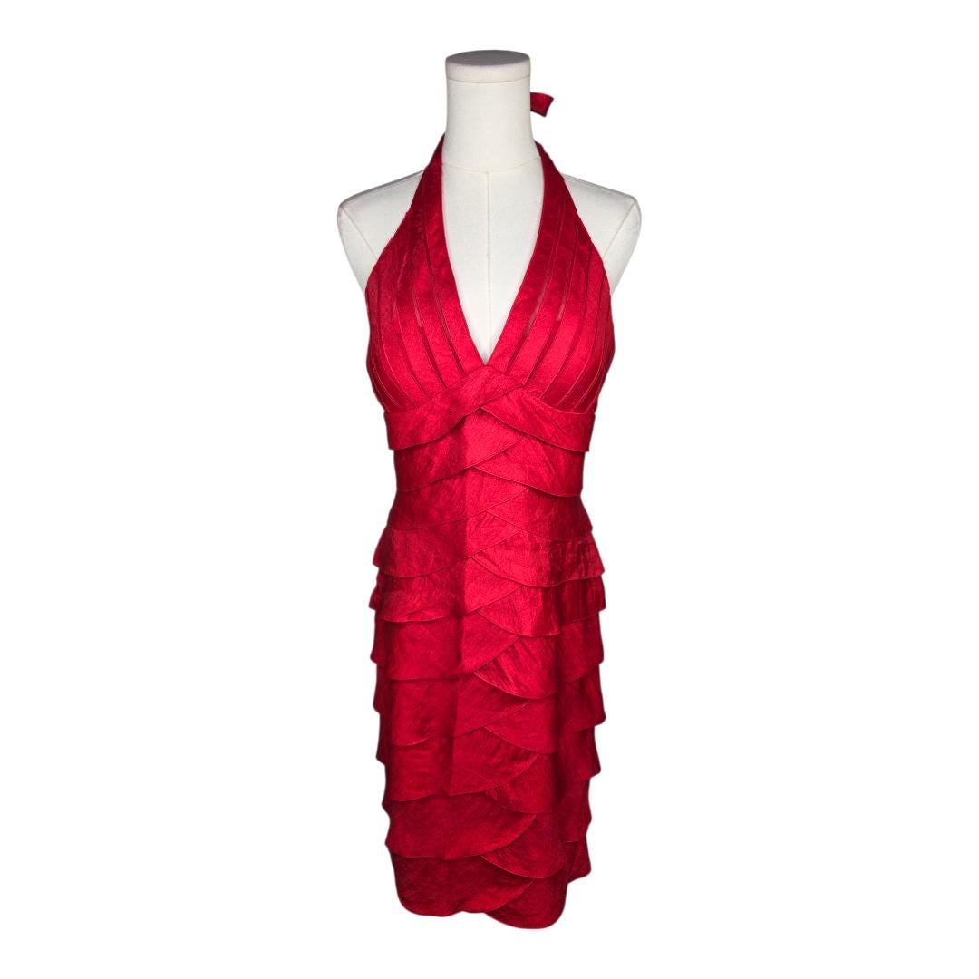Vintage Cache Red Halter Dress: Y2K Satin Tiered Cocktail Dress, NWT