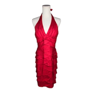 Vintage Cache Red Halter Dress: Y2K Satin Tiered Cocktail Dress, NWT