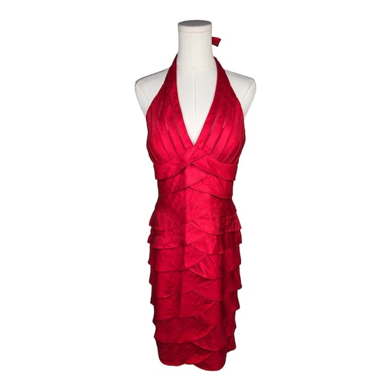 Vintage Cache Red Halter Dress: Y2K Satin Tiered … - image 1