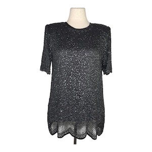 Blusa de noite vintage Brilliante de seda preta com lantejoulas e contas, tamanho G, bainha recortada, anos 80