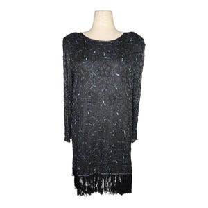 Vintage 1980s Papéll Boutique Black Beaded Fringe Silk Dress XL Gatsby Style