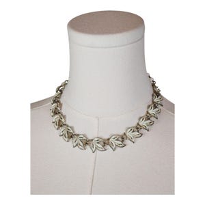 Vintage Coro White Enamel Leaf Choker Necklace Silver Tone Mid-Century Jewelry, 1950s Collectible Designer Necklace
