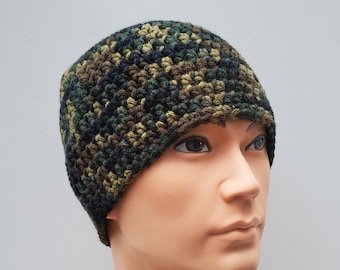 READY TO SHIP- Men's Crochet Hat/ Men's Black Green and Brown Hat/ Men's Basic Beanie in Black Green and Brown/ Hats for Men